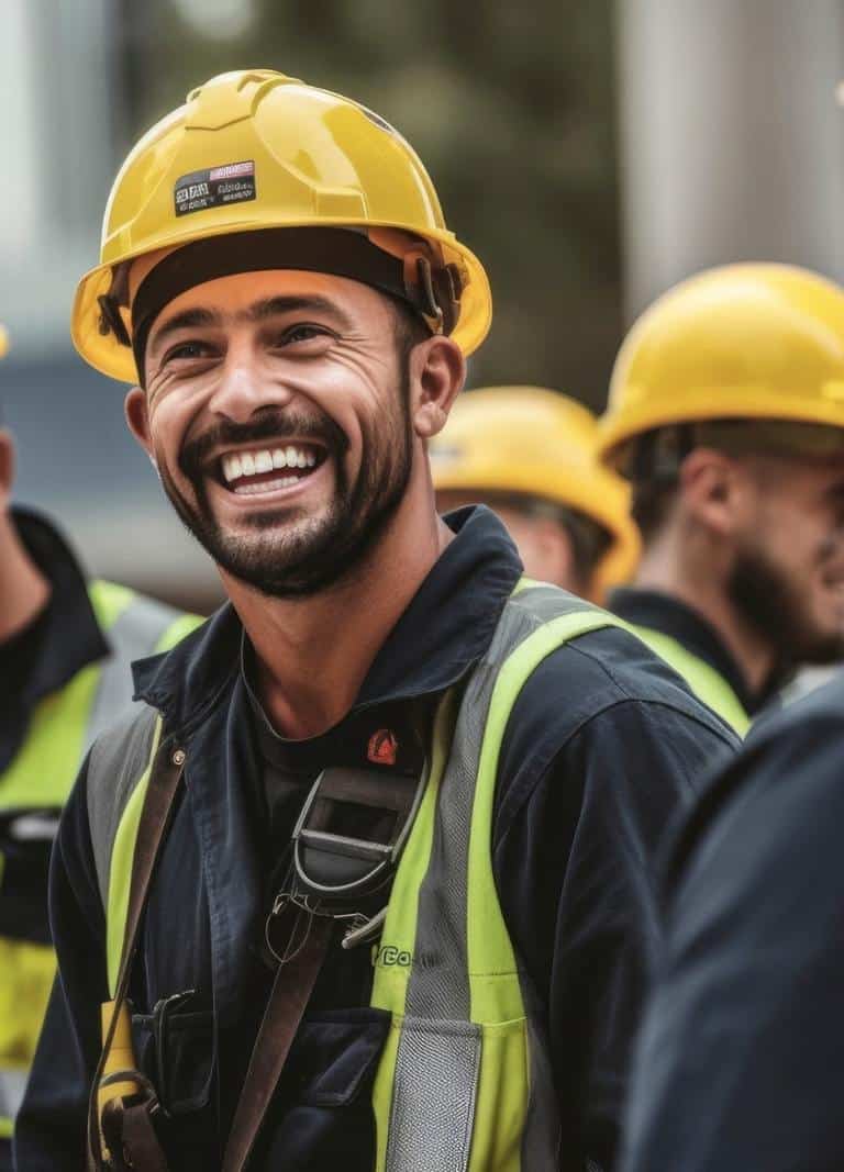 Cheerful Man With A Healthy Heart Wearing A Hard Hat And Safety Vest