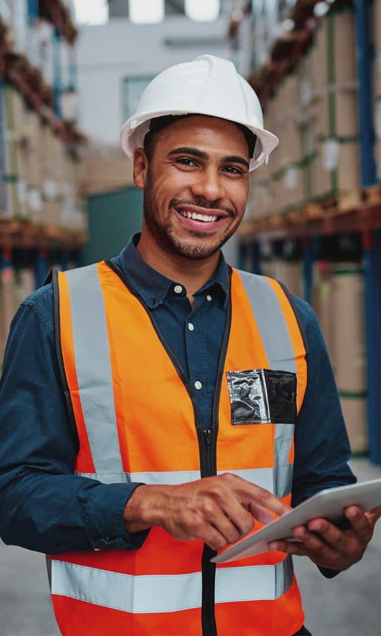 Man In Orange Vest And Hard Hat  With A Tablet Health Crisis Solutions