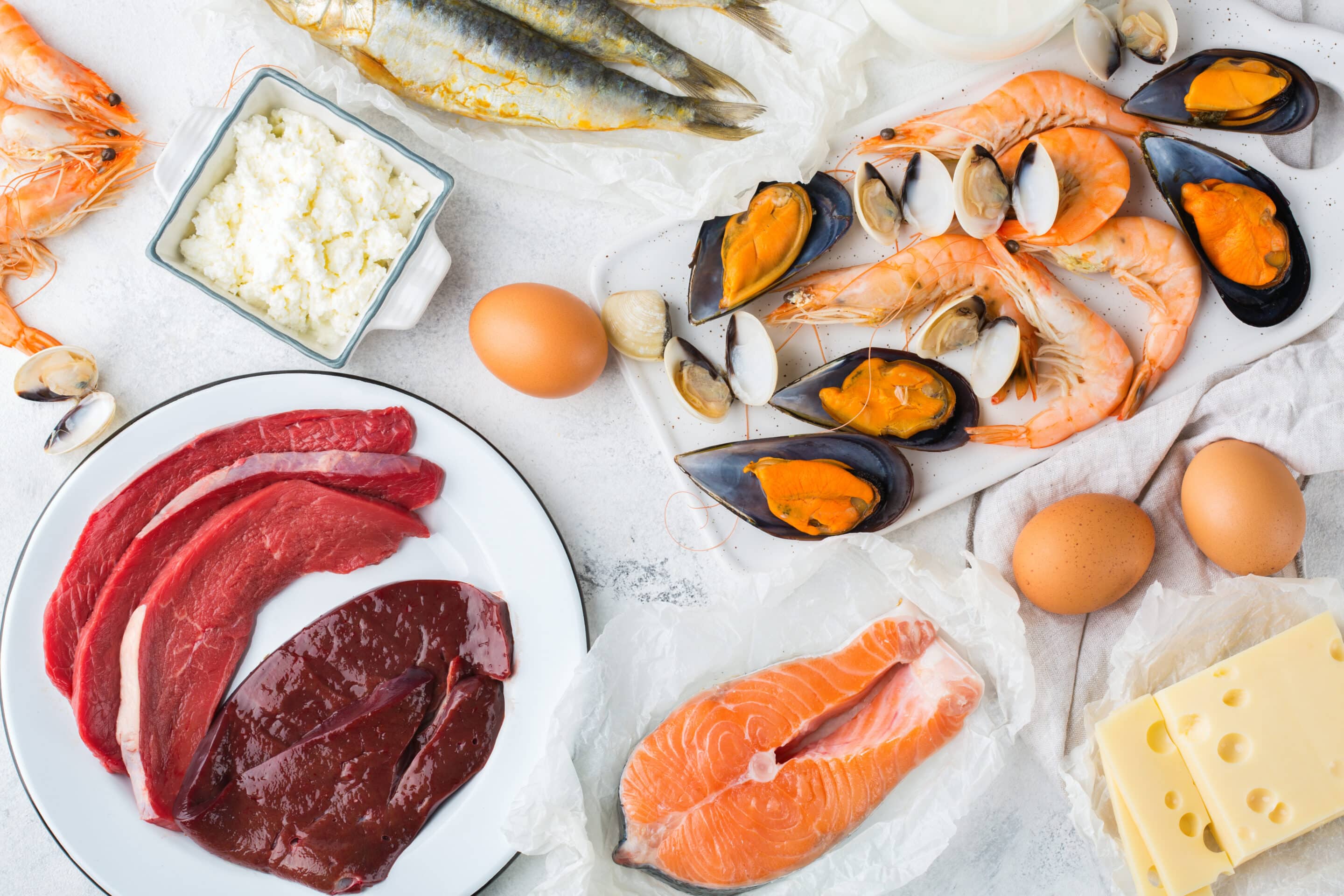 Sources of Vitamin B12 including beef and seafood.